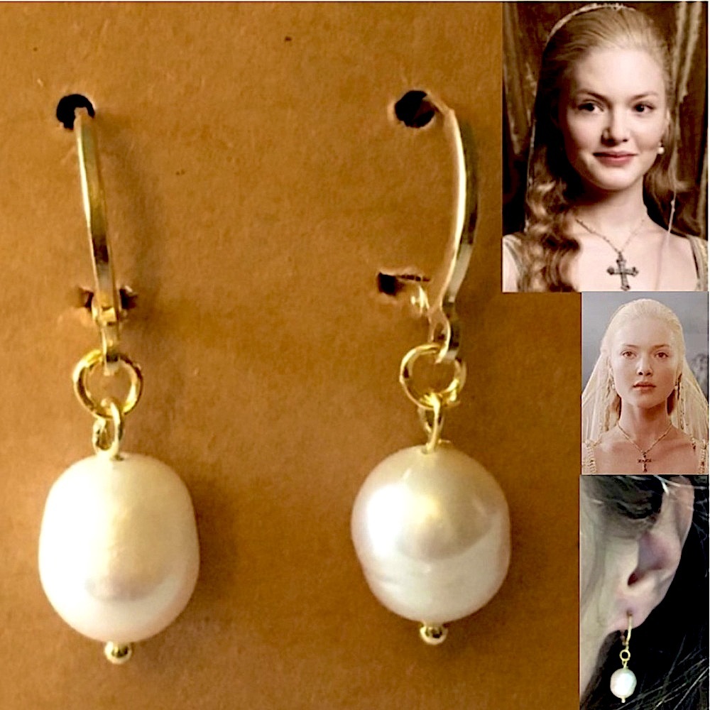 Lucrezia Borgia Natural Pearl Gold Hoop Renaissance Earrings Handmade Replicas - Picture 1 of 12